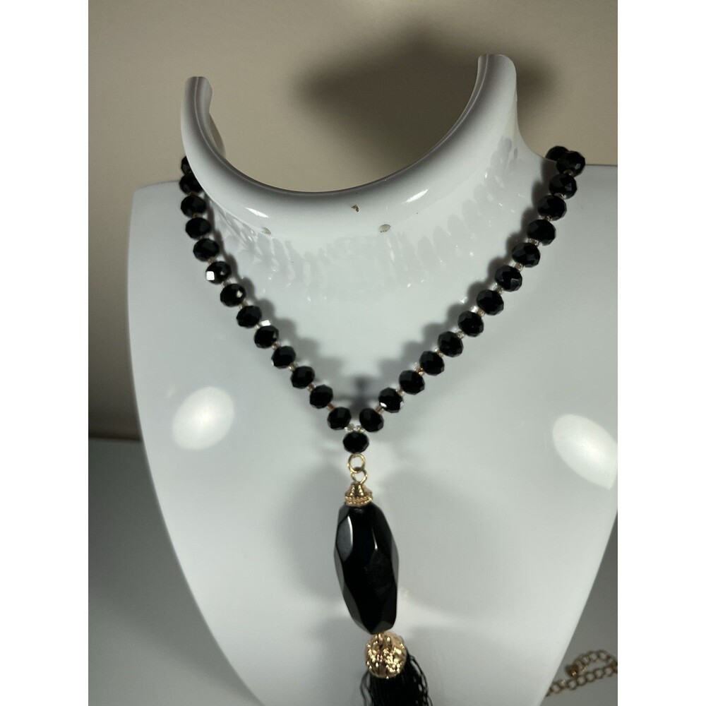 Black Tassel Earrings & Necklace Set Black Faceted Beads Gold Tone Flapper Boho - Picture 7 of 10